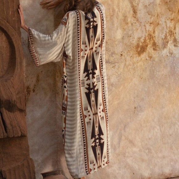 Bohemian Western Aztec Tribal Geo Belted Kimono Duster Cover up Beach - Picture 2 of 12
